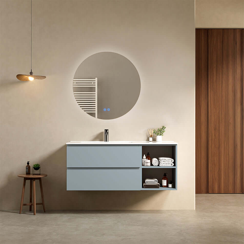 Mobile bagno sospeso 120 cm Blu Avio Lavabo a Sinistra in Ceramica Specchio Tondo Retroilluminato - Fiji Paint Plus