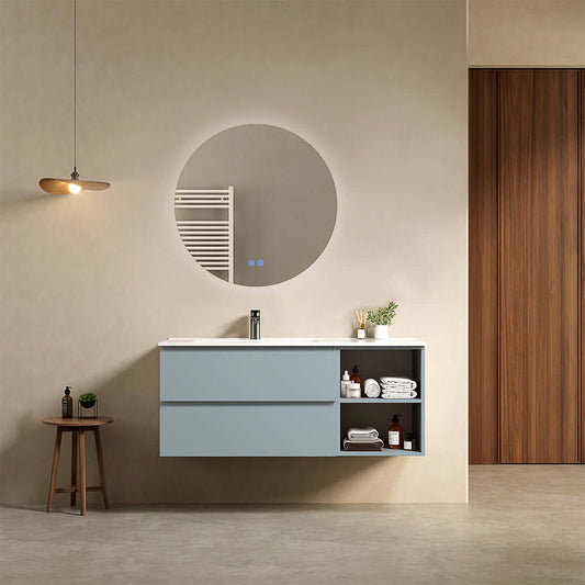 Mobile bagno sospeso 120 cm Blu Avio Lavabo a Sinistra in Ceramica Specchio Tondo Retroilluminato - Fiji Paint Plus