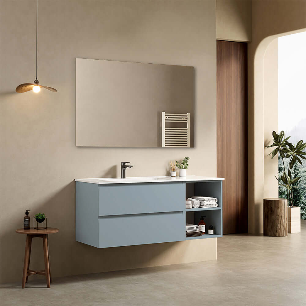 Mobile bagno sospeso 120 cm Blu Avio Lavabo a Sinistra in Ceramica Specchio Quadro - Fiji Paint Plus