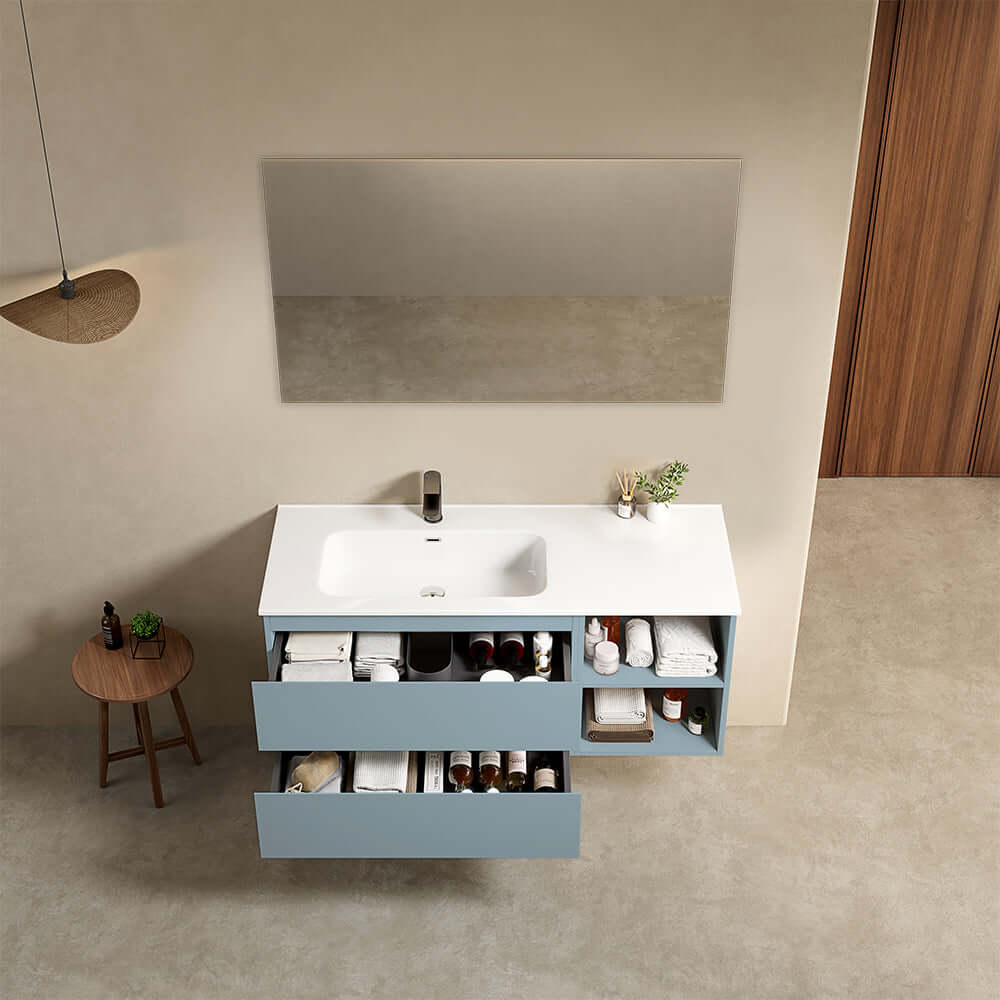 Mobile bagno sospeso 120 cm Blu Avio Lavabo a Sinistra in Ceramica Specchio Quadro - Fiji Paint Plus