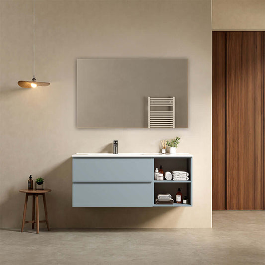 Mobile bagno sospeso 120 cm Blu Avio Lavabo a Sinistra in Ceramica Specchio Quadro - Fiji Paint Plus