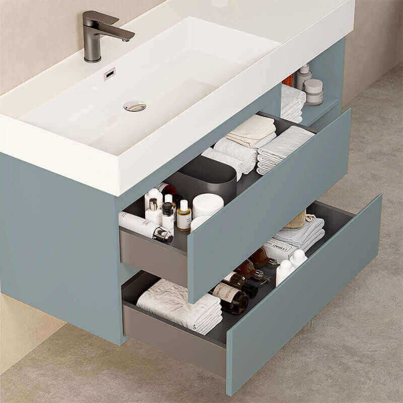 Mobile bagno sospeso 120 cm Blu Avio Lavabo a Sinistra in Resina Specchio Quadro Retroilluminato - Fiji Paint Plus