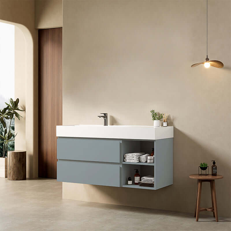 Mobile bagno sospeso 120 cm Blu Avio Lavabo a Sinistra in Resina Senza Specchio - Fiji Paint Plus