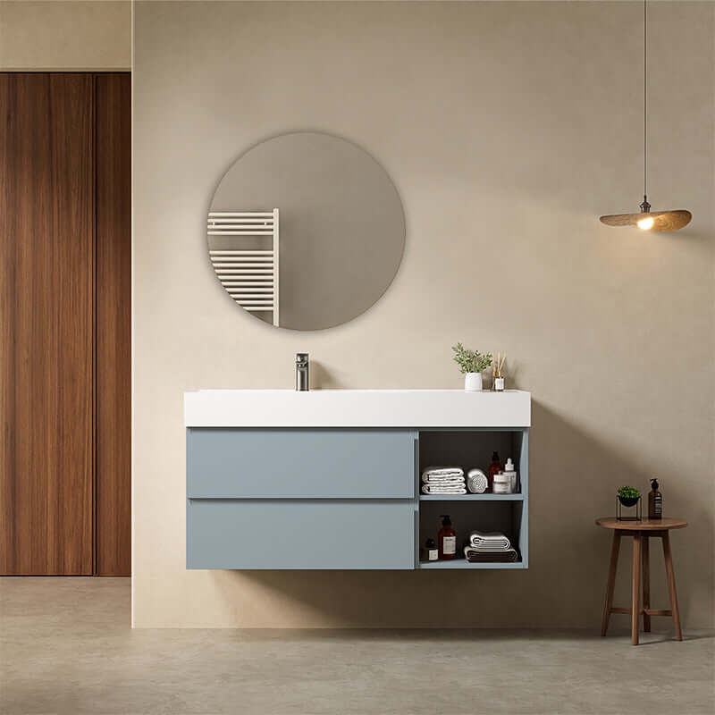 Mobile bagno sospeso 120 cm Blu Avio con lavabo a sinistra e specchio tondo retroilluminato, design moderno.