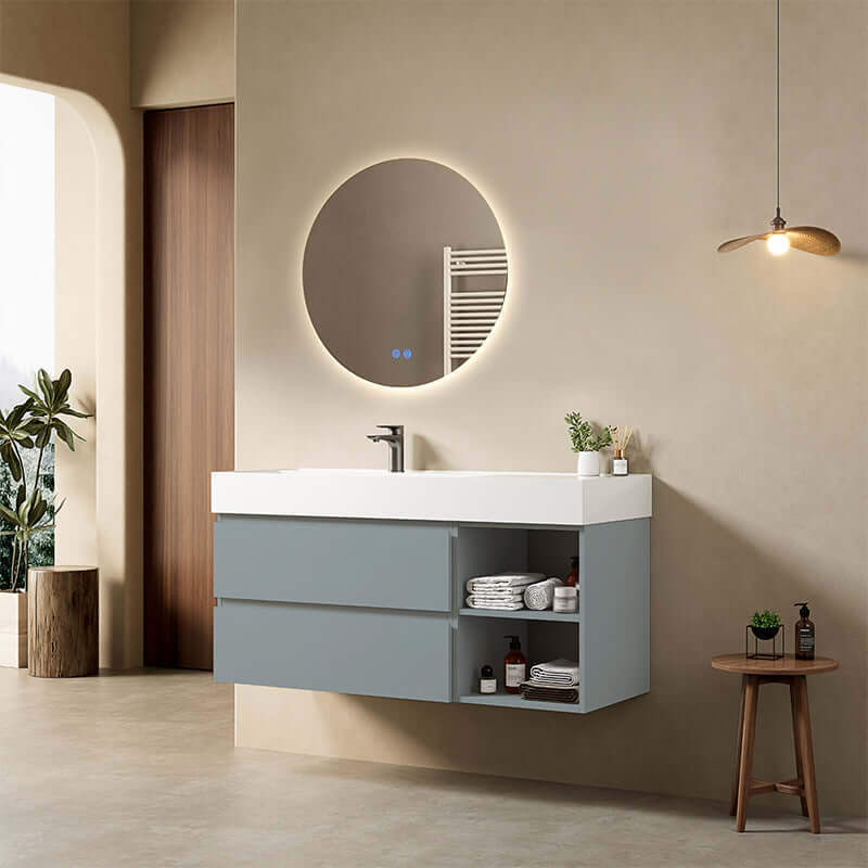 Mobile bagno sospeso 120 cm Blu Avio Lavabo a Sinistra in Resina Specchio Tondo Retroilluminato - Fiji Paint Plus