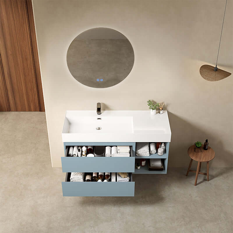 Mobile bagno sospeso 120 cm Blu Avio Lavabo a Sinistra in Resina Specchio Tondo Retroilluminato - Fiji Paint Plus