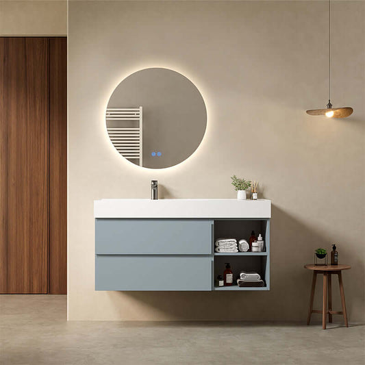 Mobile bagno sospeso 120 cm Blu Avio Lavabo a Sinistra in Resina Specchio Tondo Retroilluminato - Fiji Paint Plus