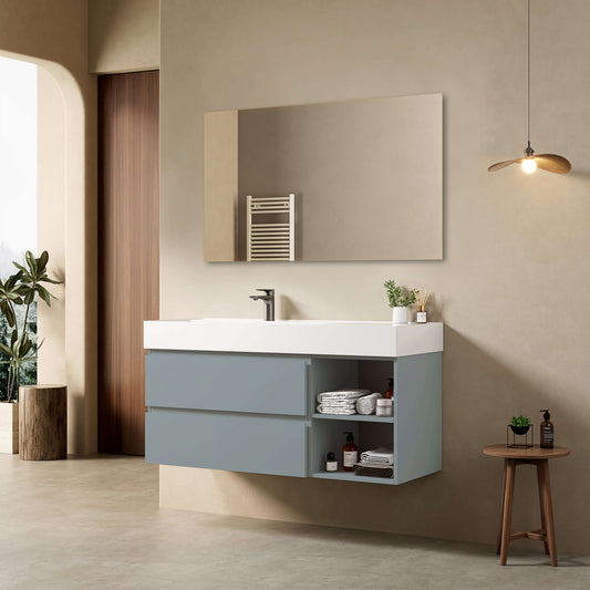 Mobile bagno sospeso 120 cm Blu Avio Lavabo a Sinistra in Resina Specchio Quadro - Fiji Paint Plus