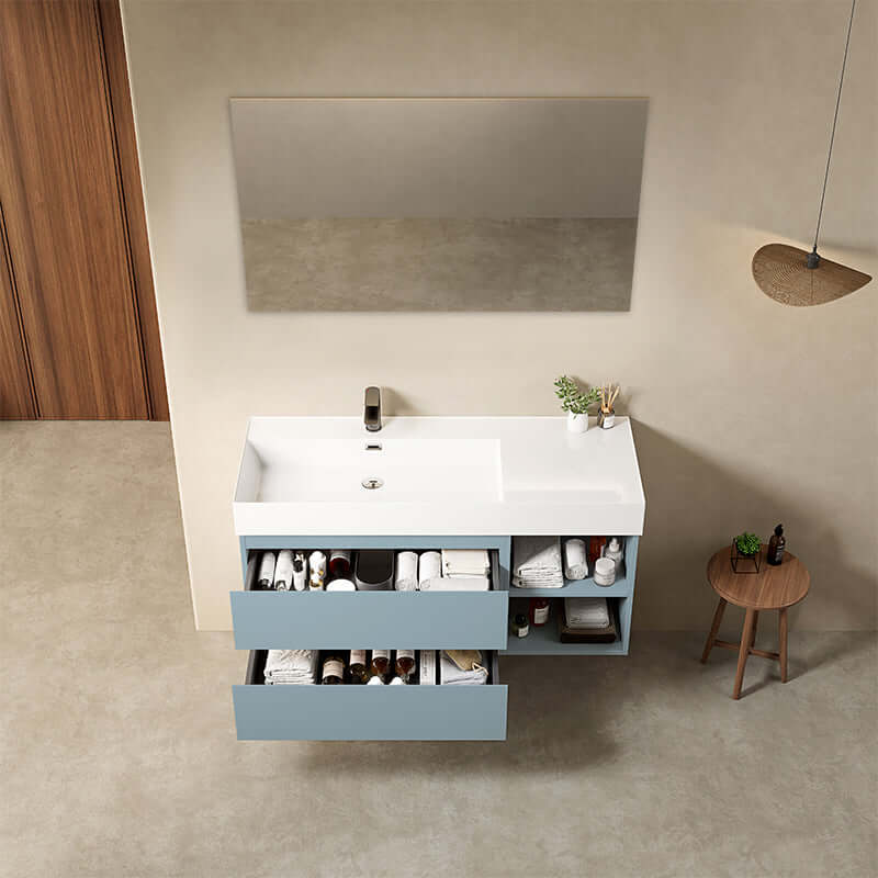 Mobile bagno sospeso 120 cm Blu Avio Lavabo a Sinistra in Resina Specchio Quadro - Fiji Paint Plus