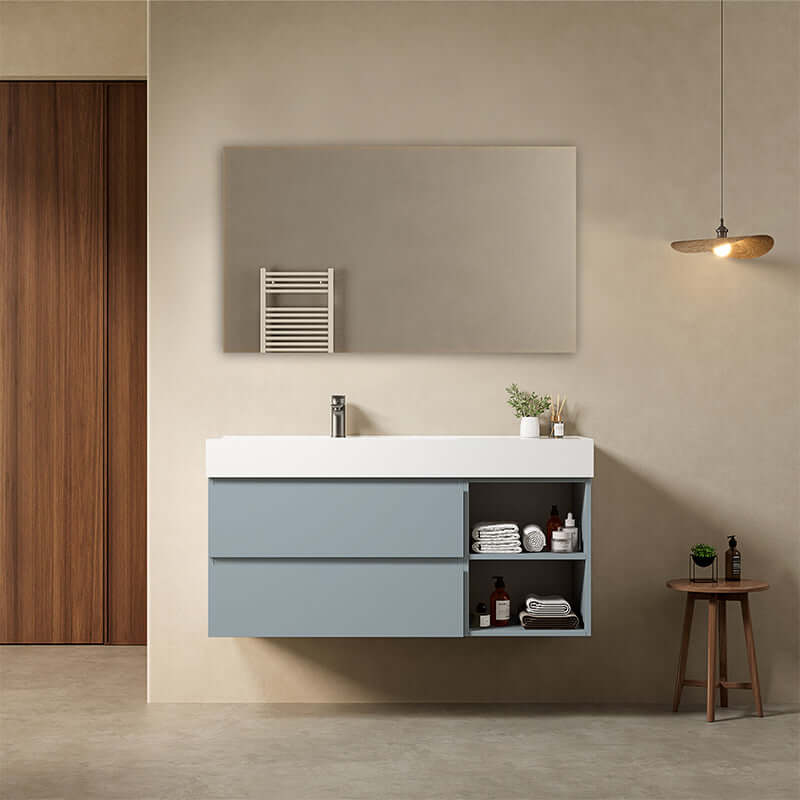 Mobile bagno sospeso 120 cm Blu Avio Lavabo a Sinistra in Resina Specchio Quadro - Fiji Paint Plus