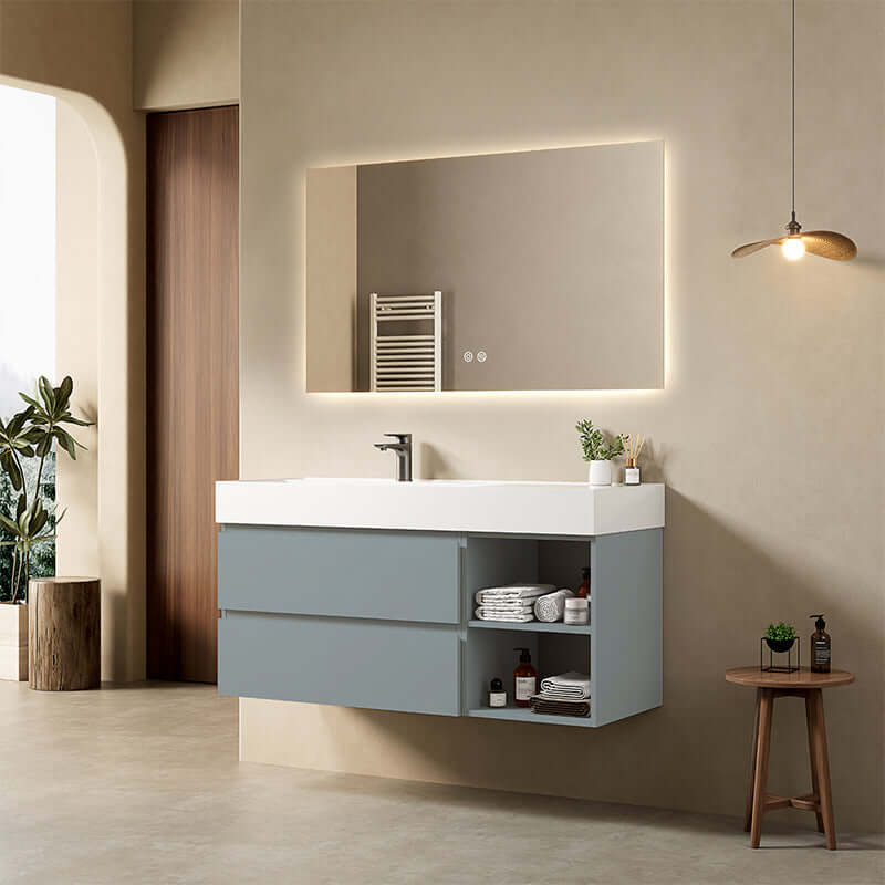 Mobile bagno sospeso 120 cm Blu Avio Lavabo a Sinistra in Resina Specchio Quadro Retroilluminato - Fiji Paint Plus