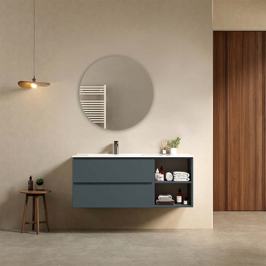 Mobile bagno sospeso 120 cm Blu Mare Lavabo a Sinistra in Ceramica Specchio Tondo - Fiji Paint Plus