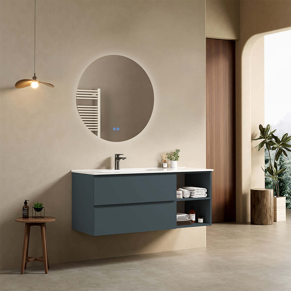 Mobile bagno sospeso 120 cm Blu Mare Lavabo a Sinistra in Ceramica Specchio Tondo Retroilluminato - Fiji Paint Plus