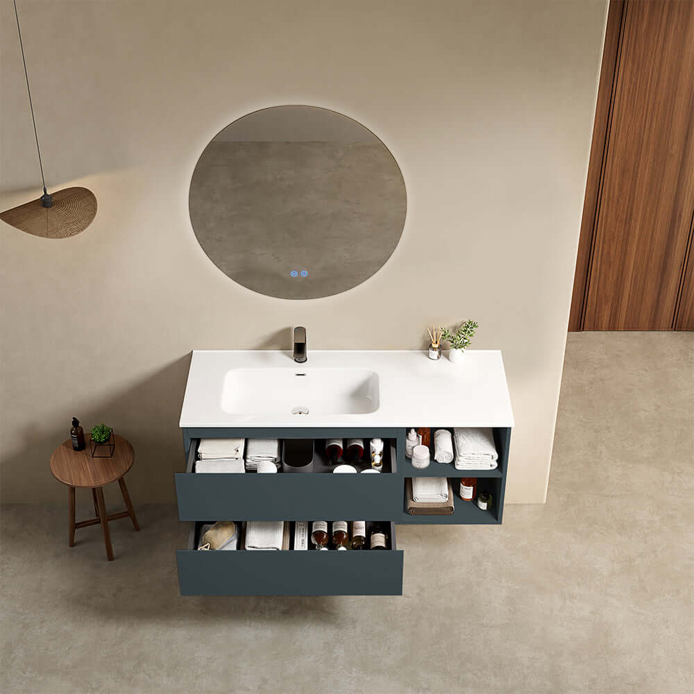 Mobile bagno sospeso 120 cm Blu Mare Lavabo a Sinistra in Ceramica Specchio Tondo Retroilluminato - Fiji Paint Plus