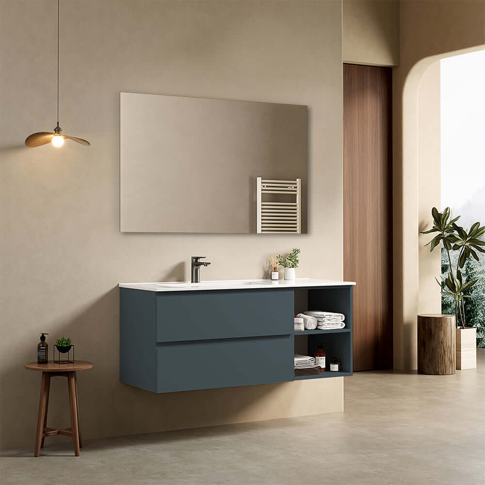 Mobile bagno sospeso 120 cm Blu Mare Lavabo a Sinistra in Ceramica Specchio Quadro - Fiji Paint Plus