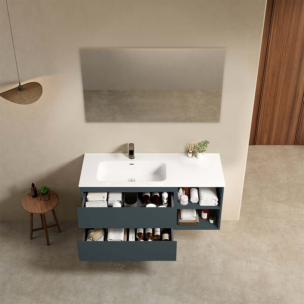 Mobile bagno sospeso 120 cm Blu Mare Lavabo a Sinistra in Ceramica Specchio Quadro - Fiji Paint Plus