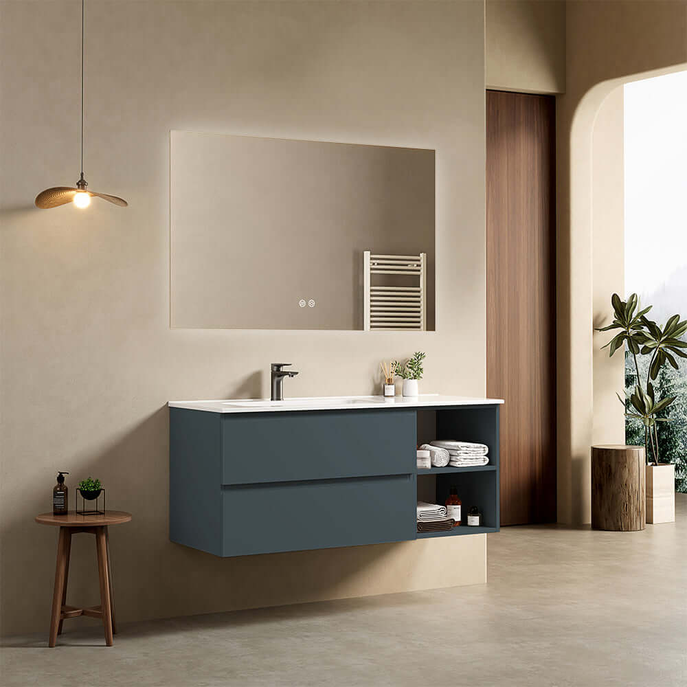 Mobile bagno sospeso 120 cm Blu Mare Lavabo a Sinistra in Ceramica Specchio Quadro Retroilluminato - Fiji Paint Plus