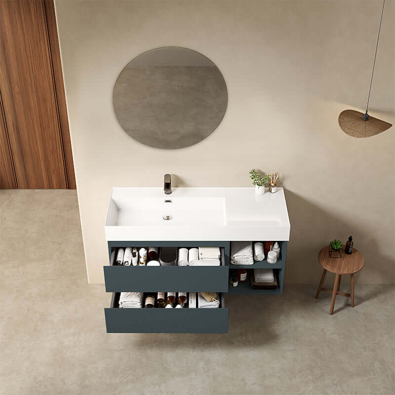 Mobile bagno sospeso 120 cm Blu Mare Lavabo a Sinistra in Resina Specchio Tondo - Fiji Paint Plus