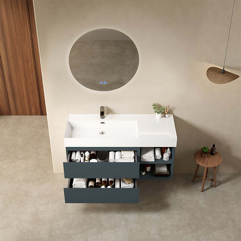 Mobile bagno sospeso 120 cm Blu Mare Lavabo a Sinistra in Resina Specchio Tondo Retroilluminato - Fiji Paint Plus