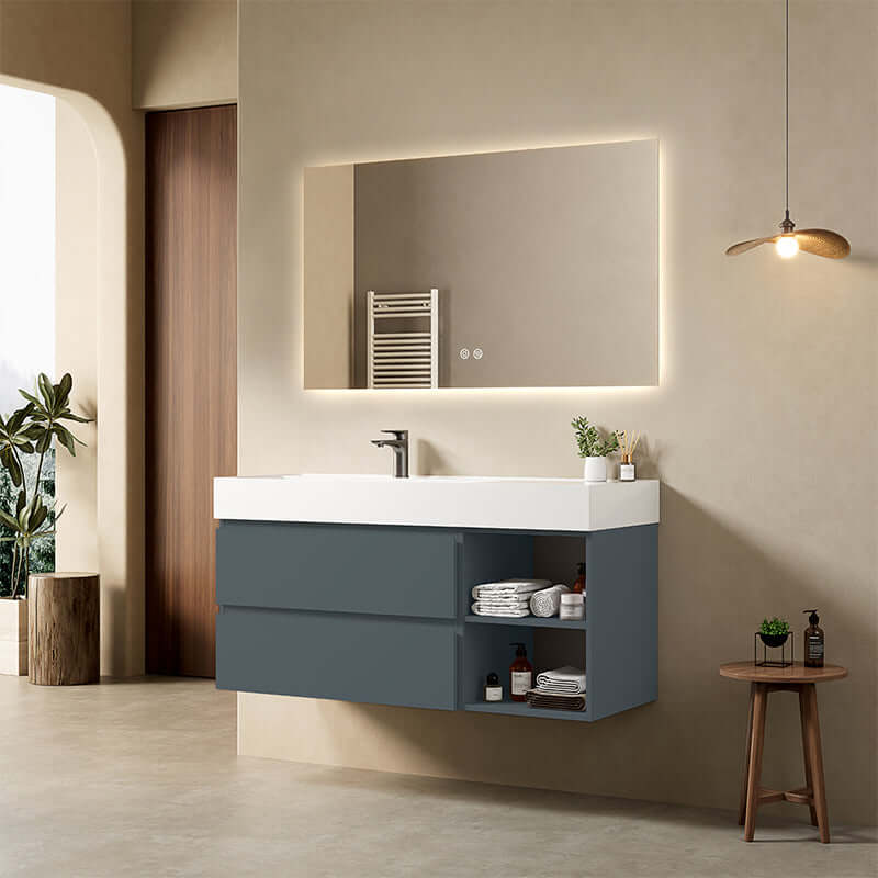 Mobile bagno sospeso 120 cm Blu Mare Lavabo a Sinistra in Resina Specchio Quadro Retroilluminato - Fiji Paint Plus