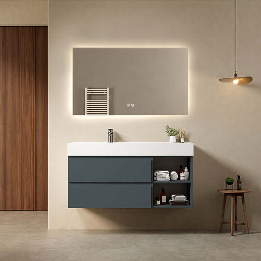 Mobile bagno sospeso 120 cm Blu Mare Lavabo a Sinistra in Resina Specchio Quadro Retroilluminato - Fiji Paint Plus