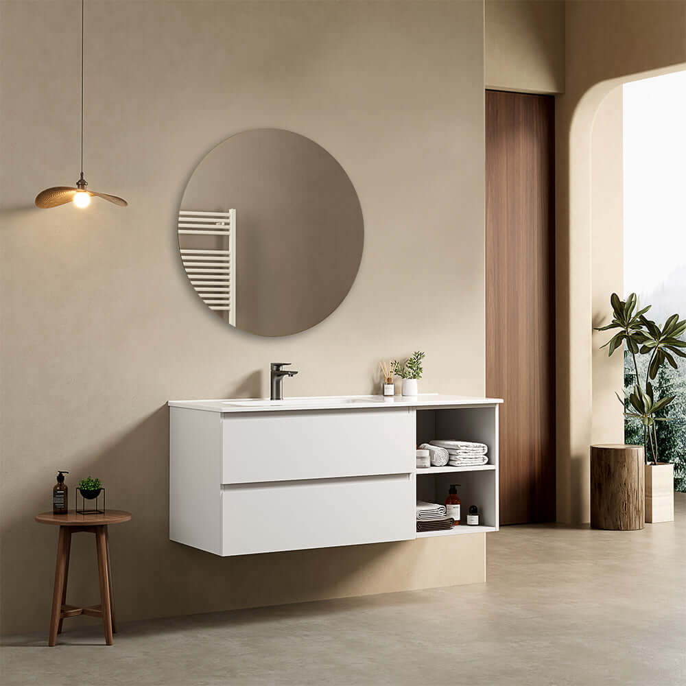 Mobile bagno sospeso 120 cm Bianco Lavabo a Sinistra in Ceramica Specchio Tondo - Fiji Paint Plus