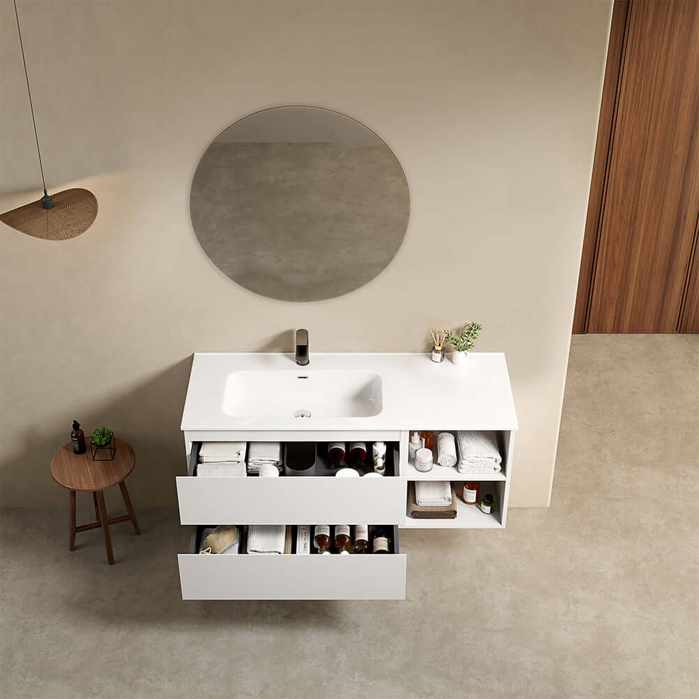 Mobile bagno sospeso 120 cm Bianco Lavabo a Sinistra in Ceramica Specchio Tondo - Fiji Paint Plus