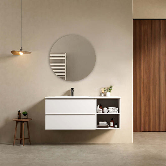 Mobile bagno sospeso 120 cm Bianco Lavabo a Sinistra in Ceramica Specchio Tondo - Fiji Paint Plus