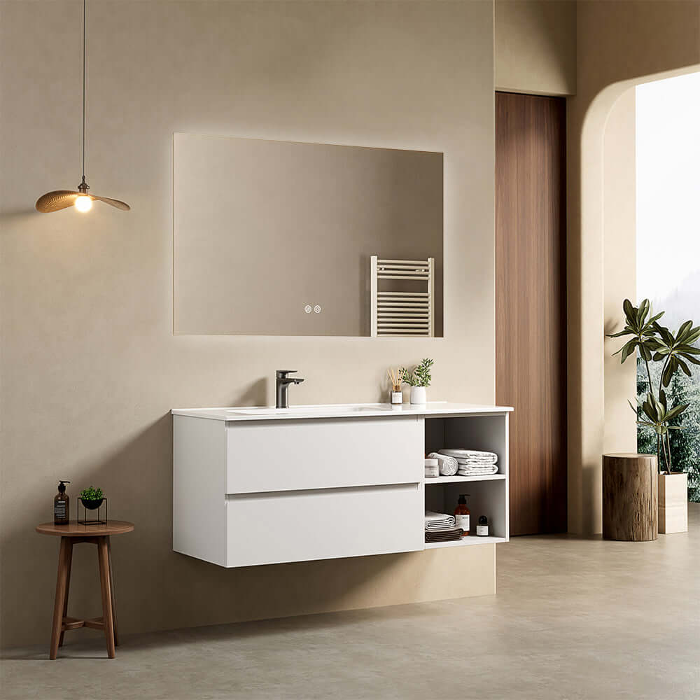 Mobile bagno sospeso 120 cm Bianco Lavabo a Sinistra in Ceramica Specchio Quadro Retroilluminato - Fiji Paint Plus