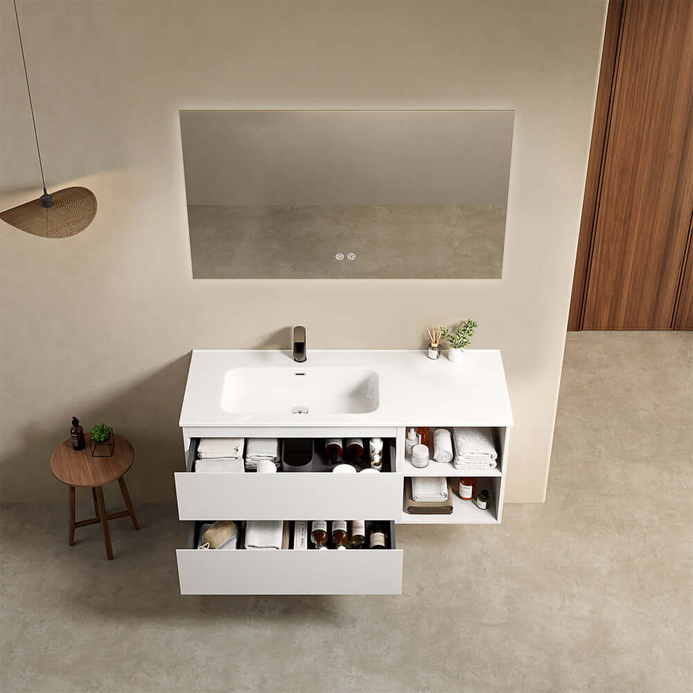 Mobile bagno sospeso 120 cm Bianco Lavabo a Sinistra in Ceramica Specchio Quadro Retroilluminato - Fiji Paint Plus