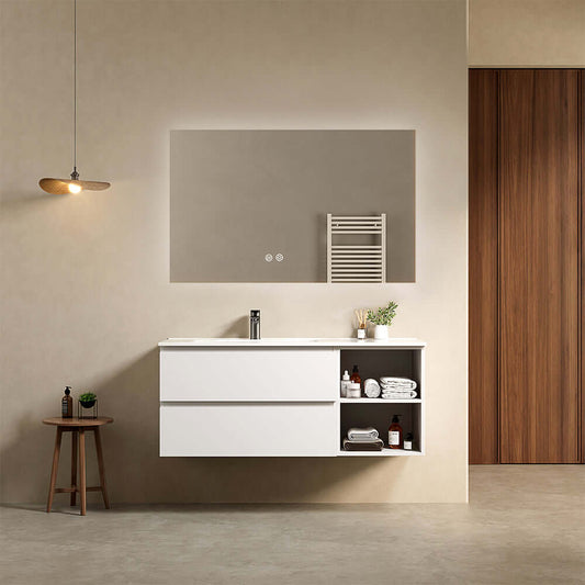 Mobile bagno sospeso 120 cm Bianco Lavabo a Sinistra in Ceramica Specchio Quadro Retroilluminato - Fiji Paint Plus