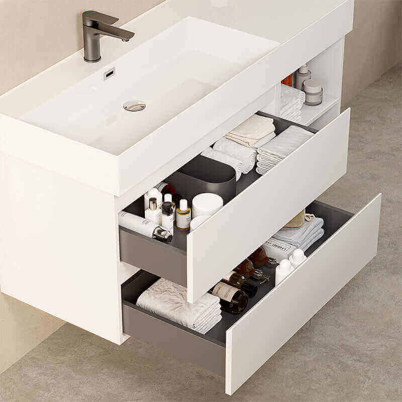 Mobile bagno sospeso 120 cm Bianco Lavabo a Sinistra in Resina Specchio Quadro Retroilluminato - Fiji Paint Plus