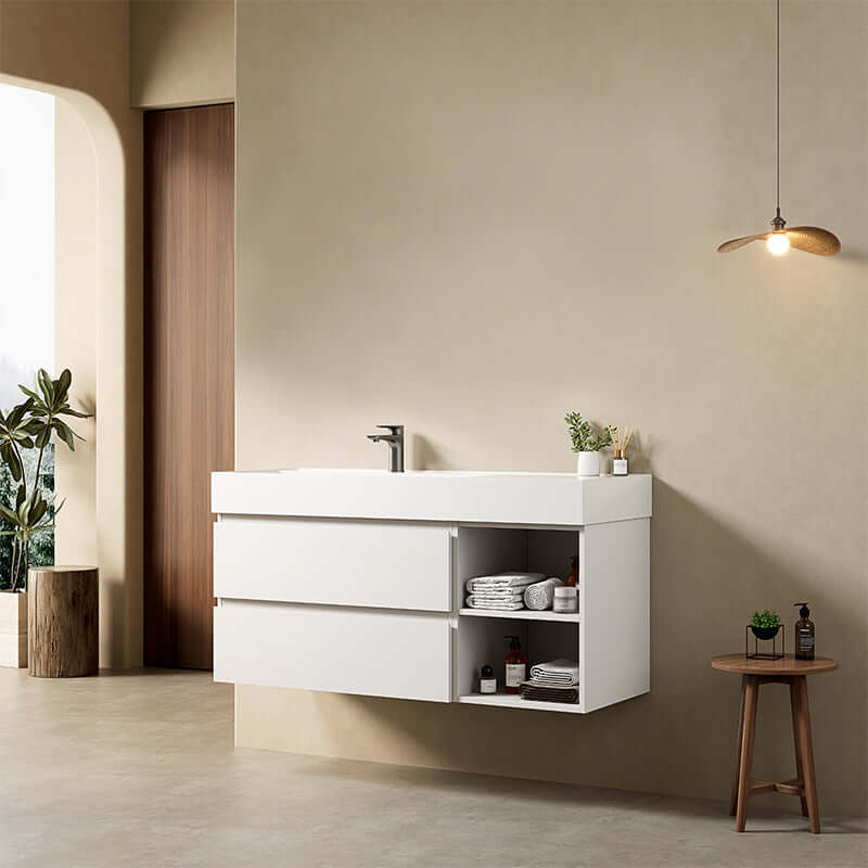 Mobile bagno sospeso 120 cm Bianco Lavabo a Sinistra in Resina Senza Specchio - Fiji Paint Plus