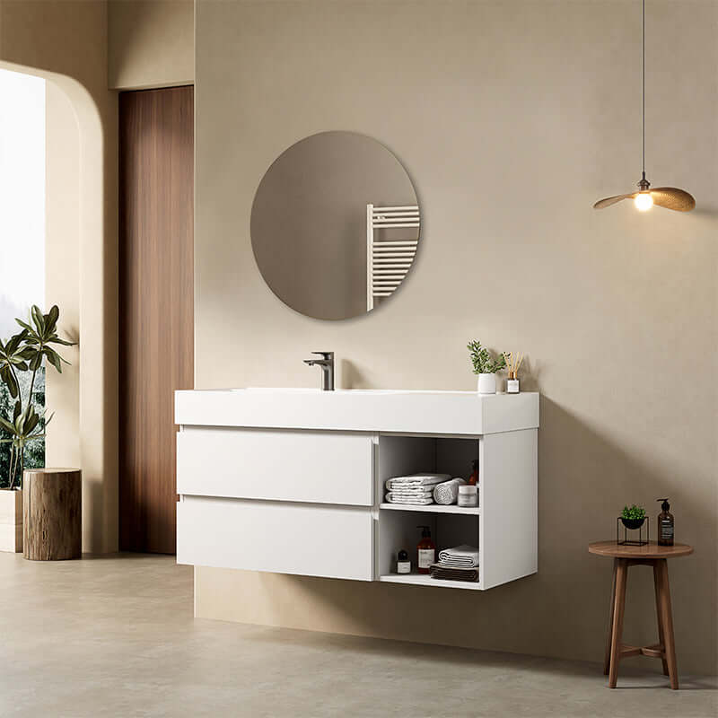 Mobile bagno sospeso 120 cm Bianco Lavabo a Sinistra in Resina Specchio Tondo - Fiji Paint Plus