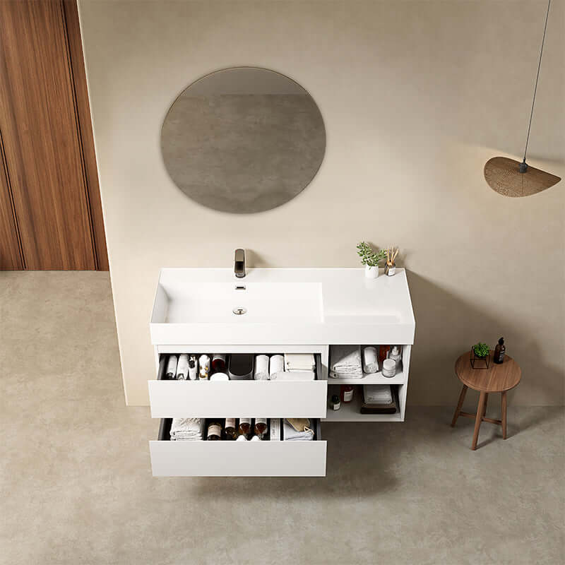 Mobile bagno sospeso 120 cm Bianco Lavabo a Sinistra in Resina Specchio Tondo - Fiji Paint Plus