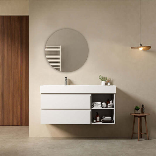 Mobile bagno sospeso 120 cm Bianco Lavabo a Sinistra in Resina Specchio Tondo - Fiji Paint Plus