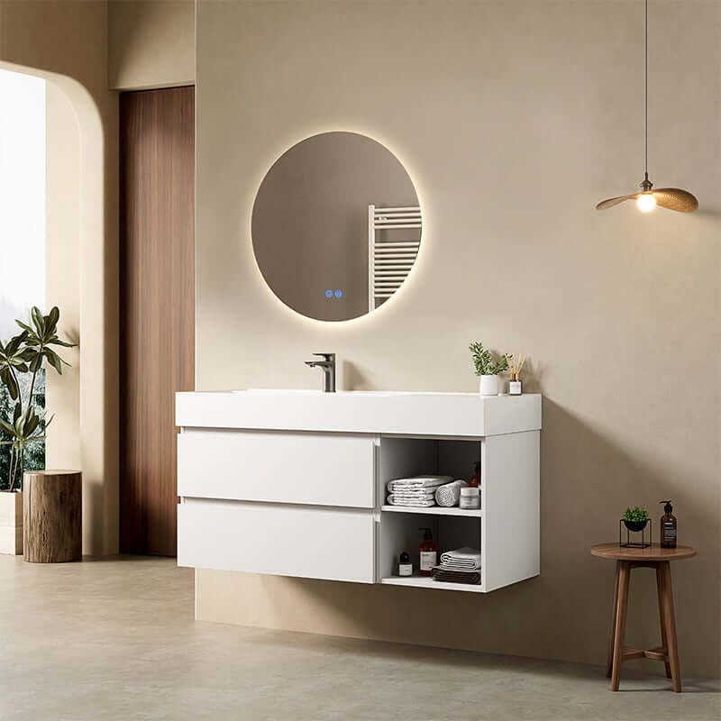 Mobile bagno sospeso 120 cm Bianco Lavabo a Sinistra in Resina Specchio Tondo Retroilluminato - Fiji Paint Plus