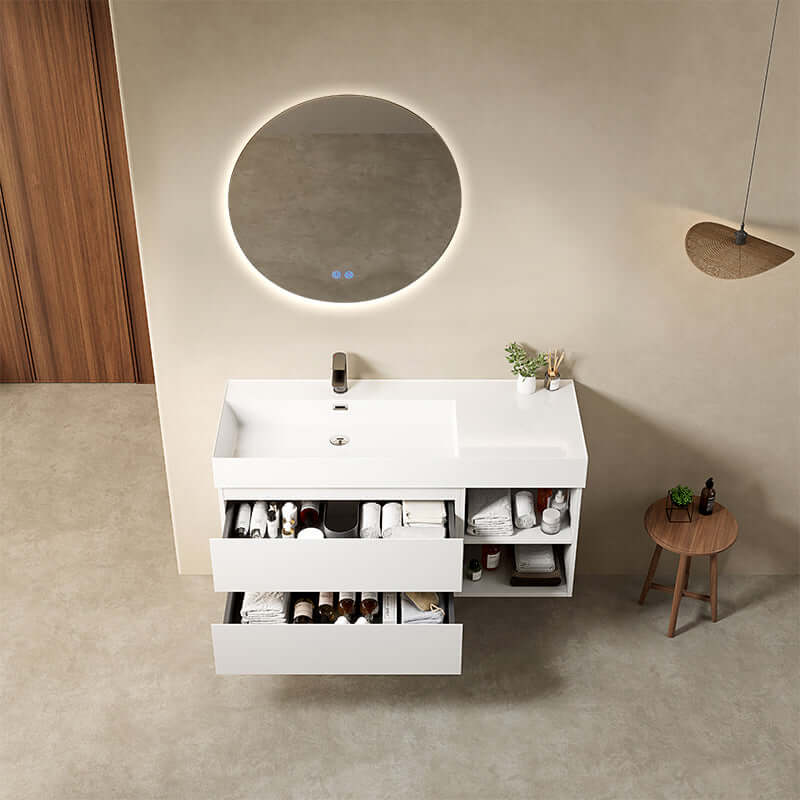 Mobile bagno sospeso 120 cm Bianco Lavabo a Sinistra in Resina Specchio Tondo Retroilluminato - Fiji Paint Plus