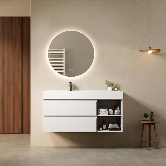 Mobile bagno sospeso 120 cm Bianco Lavabo a Sinistra in Resina Specchio Tondo Retroilluminato - Fiji Paint Plus
