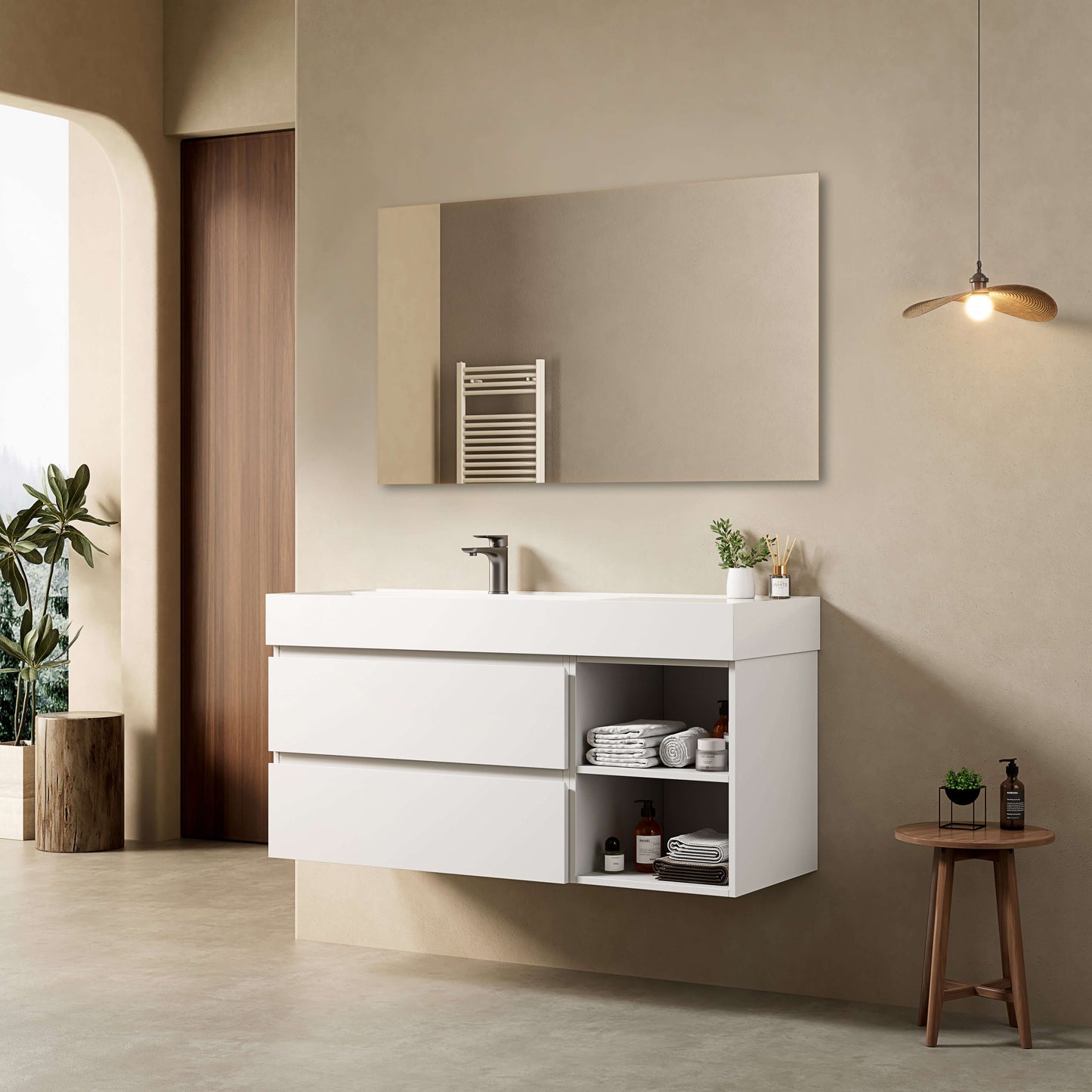 Mobile bagno sospeso 120 cm Bianco Lavabo a Sinistra in Resina Specchio Quadro - Fiji Paint Plus