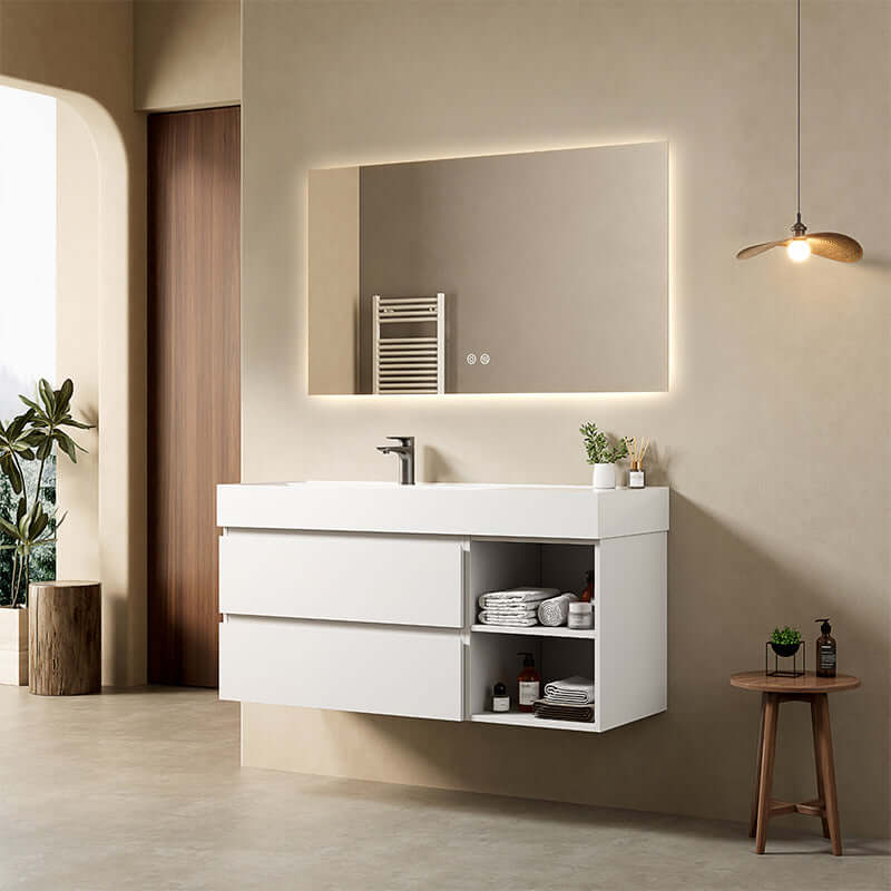 Mobile bagno sospeso 120 cm Bianco Lavabo a Sinistra in Resina Specchio Quadro Retroilluminato - Fiji Paint Plus