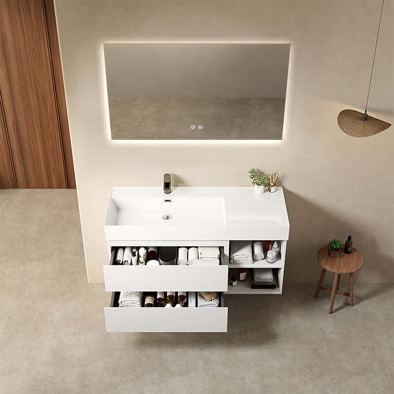 Mobile bagno sospeso 120 cm Bianco Lavabo a Sinistra in Resina Specchio Quadro Retroilluminato - Fiji Paint Plus