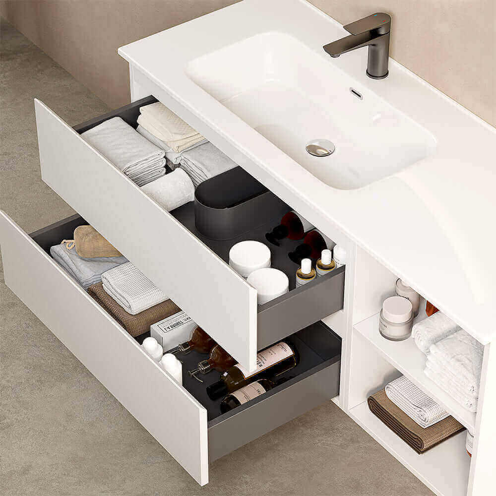 Mobile bagno sospeso 120 cm Bianco Lavabo a Sinistra in Ceramica Specchio Quadro - Fiji Paint Plus
