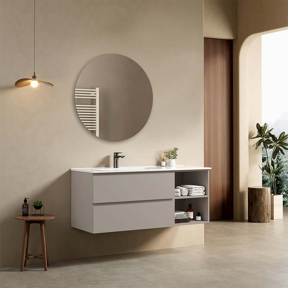 Mobile bagno sospeso 120 cm Grigio Cenere Lavabo a Sinistra in Ceramica Specchio Tondo - Fiji Paint Plus