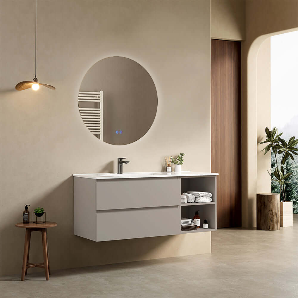 Mobile bagno sospeso 120 cm Grigio Cenere Lavabo a Sinistra in Ceramica Specchio Tondo Retroilluminato - Fiji Paint Plus