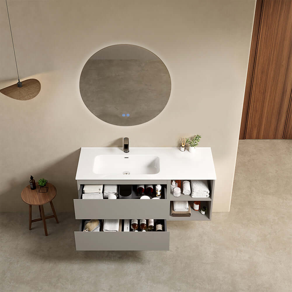 Mobile bagno sospeso 120 cm Grigio Cenere Lavabo a Sinistra in Ceramica Specchio Tondo Retroilluminato - Fiji Paint Plus