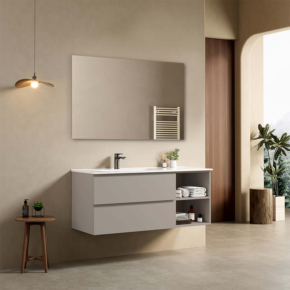 Mobile bagno sospeso 120 cm Grigio Cenere Lavabo a Sinistra in Ceramica Specchio Quadro - Fiji Paint Plus