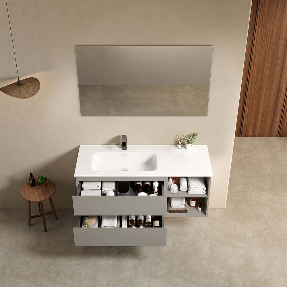 Mobile bagno sospeso 120 cm Grigio Cenere Lavabo a Sinistra in Ceramica Specchio Quadro - Fiji Paint Plus