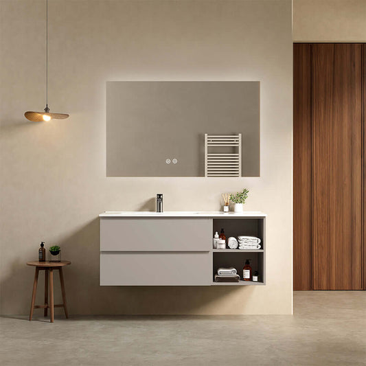 Mobile bagno sospeso 120 cm Grigio Cenere Lavabo a Sinistra in Ceramica Specchio Quadro Retroilluminato - Fiji Paint Plus