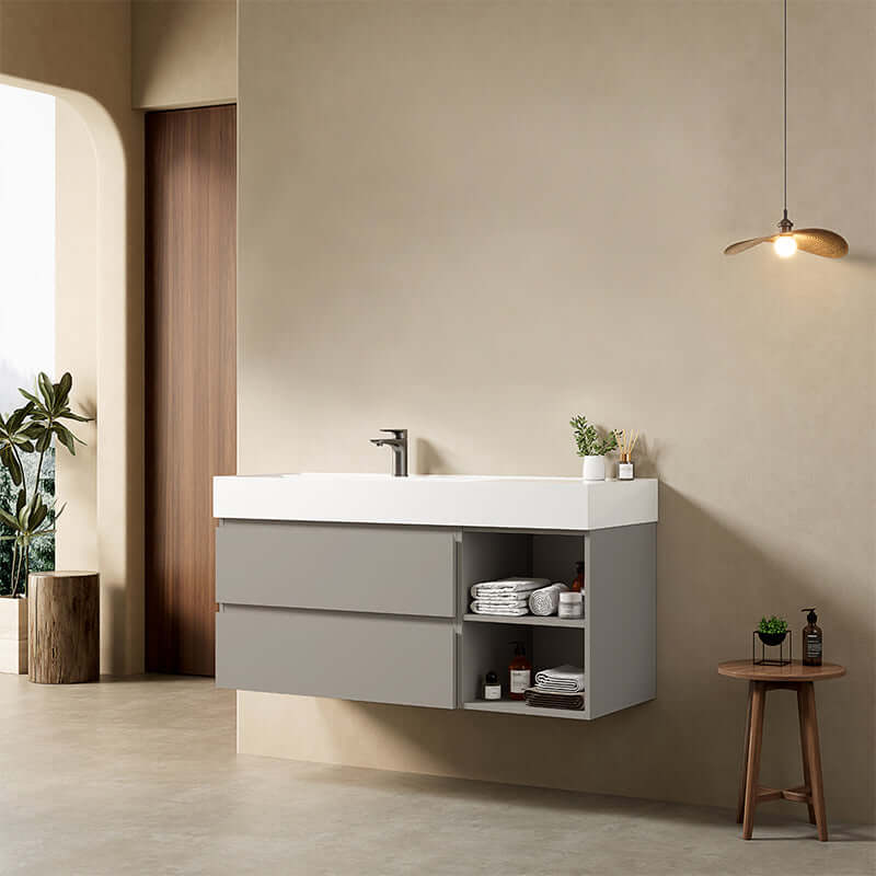 Mobile bagno sospeso 120 cm Grigio Cenere Lavabo a Sinistra in Resina Senza Specchio - Fiji Paint Plus